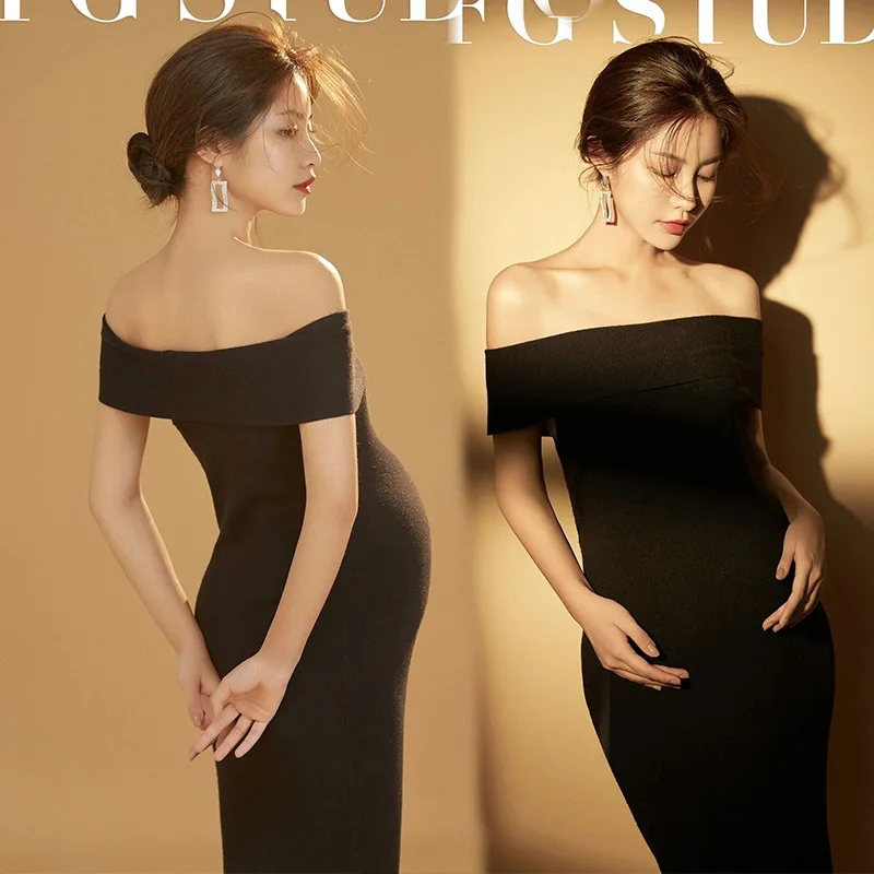 

Women Photography Props Black Knitting Off-shoulder Maternity Dresses Elegant Split Pregnancy Dress for Photoshoot