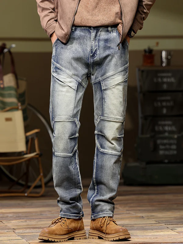 

Мужские джинсы в американском ретро-стиле, прямые, с эффектом потертости, с нашивками, средней посадки, из денима