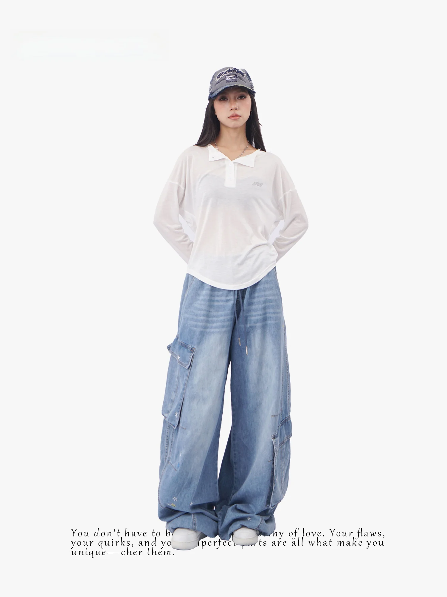 Oldwater American High Street Workwear Jeans Drawstring Waist Multi-Pocket Patchwork Embroidery Casual Straight Leg Pants