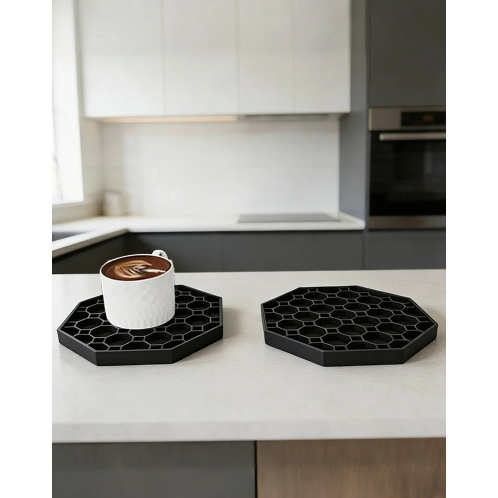 

Set of 6 Hexagonal Silicone Coasters Featuring Non Slip Base and Drip Tray Function for Coffee Tables and Countertops Protection