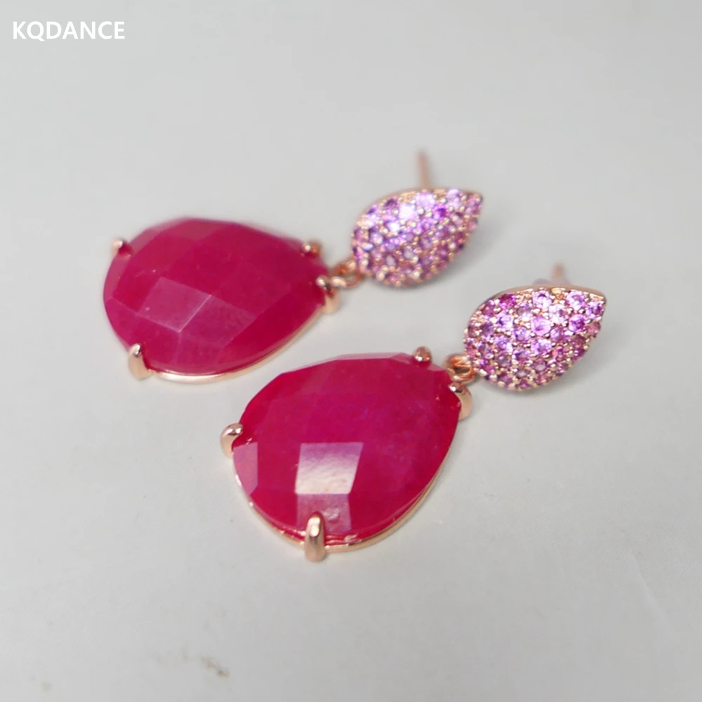 KQDANCE Tear Drop Rose Pink Colored Jade Natural Stones Earrings with 925 silver Needle Rose Gold plated Jewelry For Women