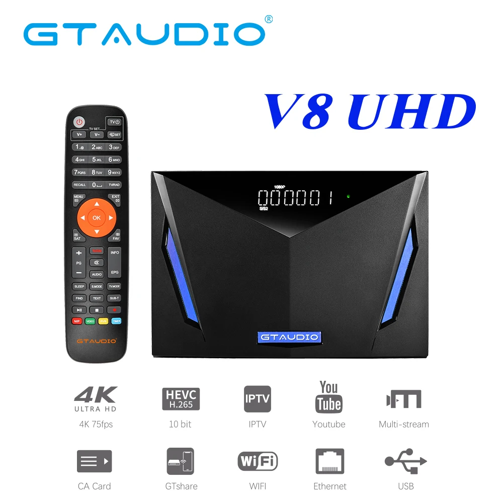 GTAUDIO V8 UHD 4K Ultra HD Satellite TV Receiver DVB-S/S2/S2X+T/T2+C,Support MARS/ECAM/CCAM/M3U TV Tunner With Smart Card Reader