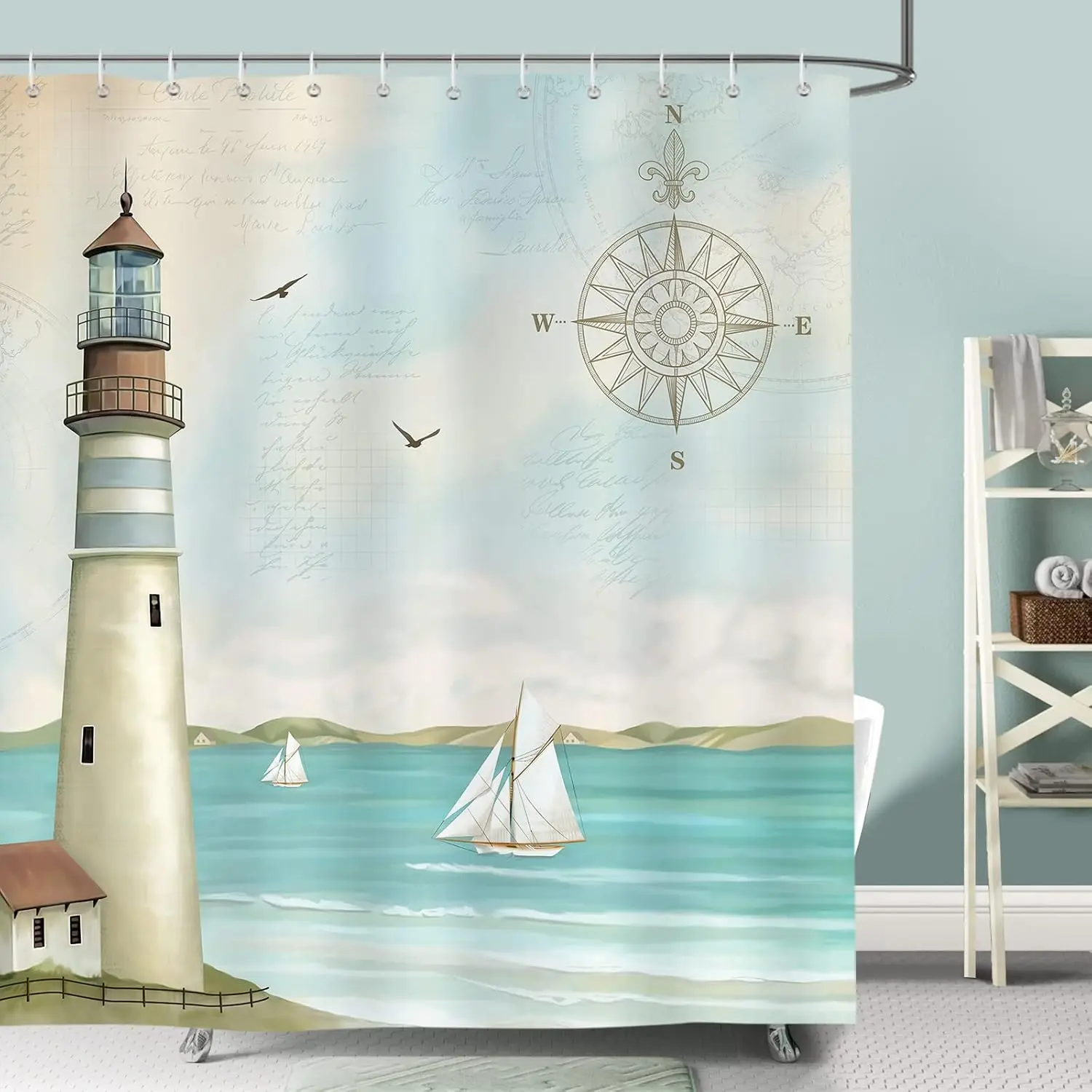 

Lighthouse Shower Curtain, Nautical Coastal Sailboat Compass Bathroom DecorPolyester Fabric Waterproof Bath Curtain with 12Hooks
