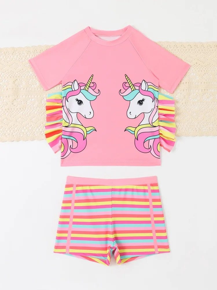 الفتيات الاطفال ملابس السباحة 2026 جديد الوردي قوس قزح الحصان قصيرة الأكمام ملابس سباحة للأطفال الصيف شريط السراويل الشاطئ ثوب السباحة السباحة #6