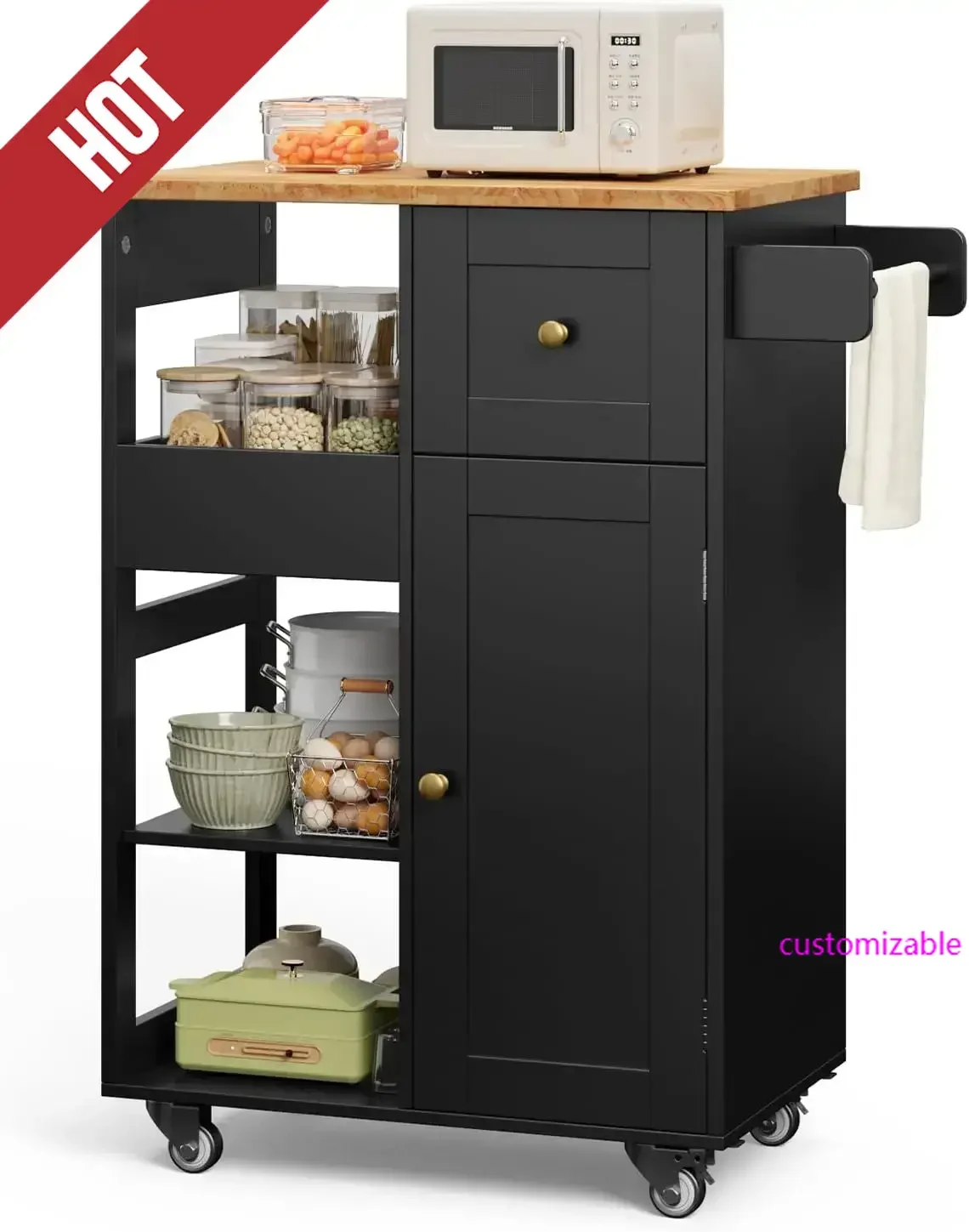 

2025 Hot Kitchen Island Cart On Wheels, With Thickened Wooden Countertop, Rolling Serving Utility Cart With Drawers And Doors
