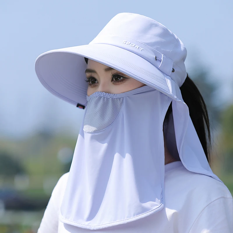 Women's UV Protection Hat Ice Silk Riding Cap Windproof Neck Protector Sun Hat Casual round Top Polyester Fiber Spring Wear