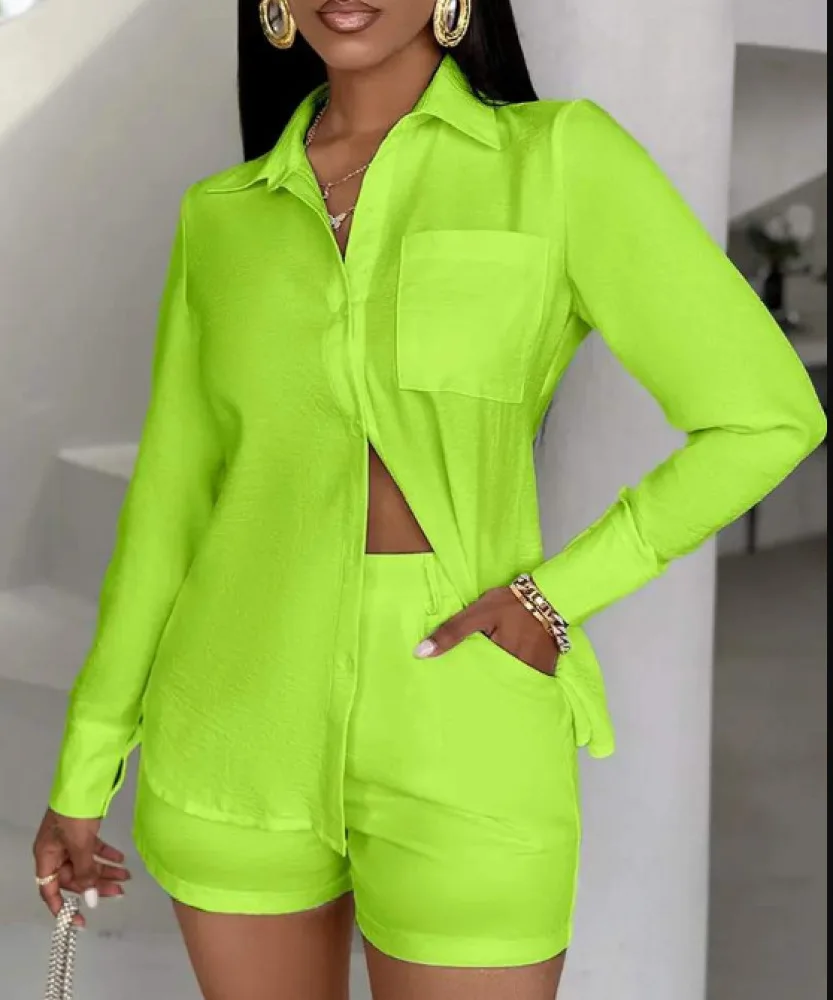 Solid Color 2 Piece Sets Women Outfit Spring Autumn Lapel Pocket Long Sleeve Shirt & Shorts Set Vacation Outfits Woman 2024