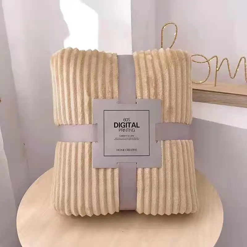 Mantas de franela de lana Coral a rayas para camas, colcha lisa suave y cálida de color Beige sólido, funda de sofá, colcha de verano, envío directo