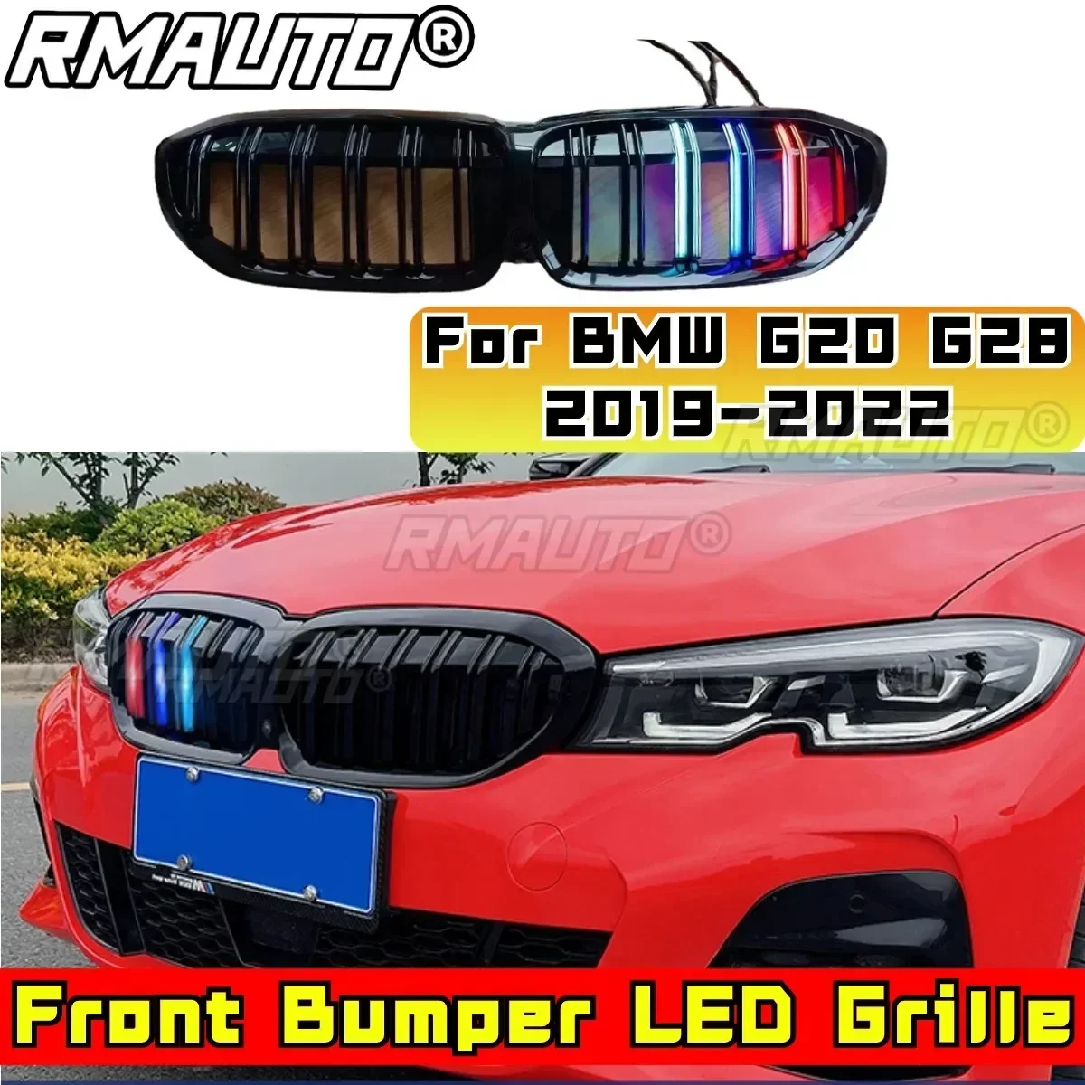 LED Grille For BMW 3 Series G20 G28 2019-2022 Car Front Bumper Racing Grille ABS Plastic Front Bumper LED Grille Car Accessories