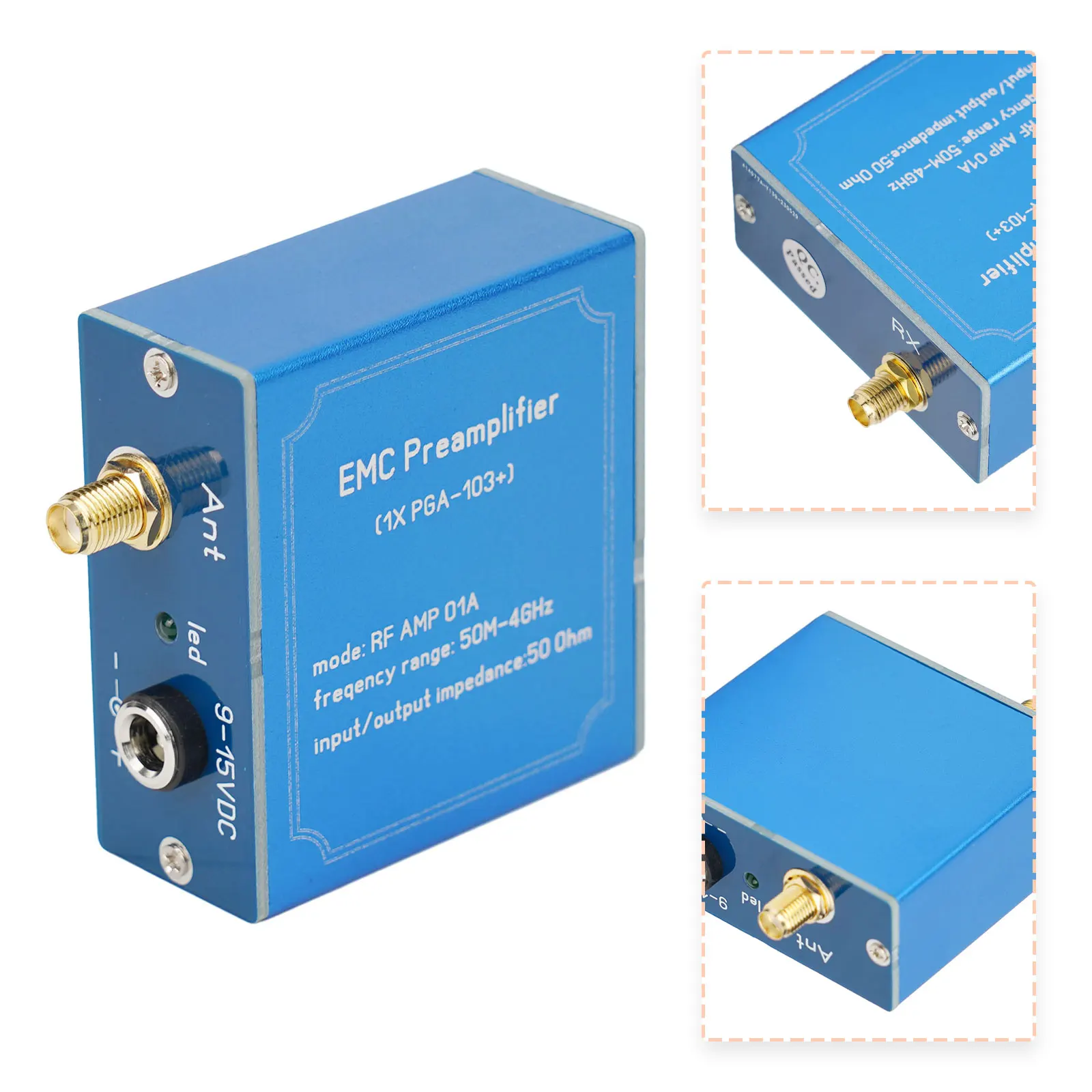 Banda ancha 50M 4GHz para preamplificador de señal LNA para sonda de campo magnético EMI usando Chip PGA103 + y conector hembra