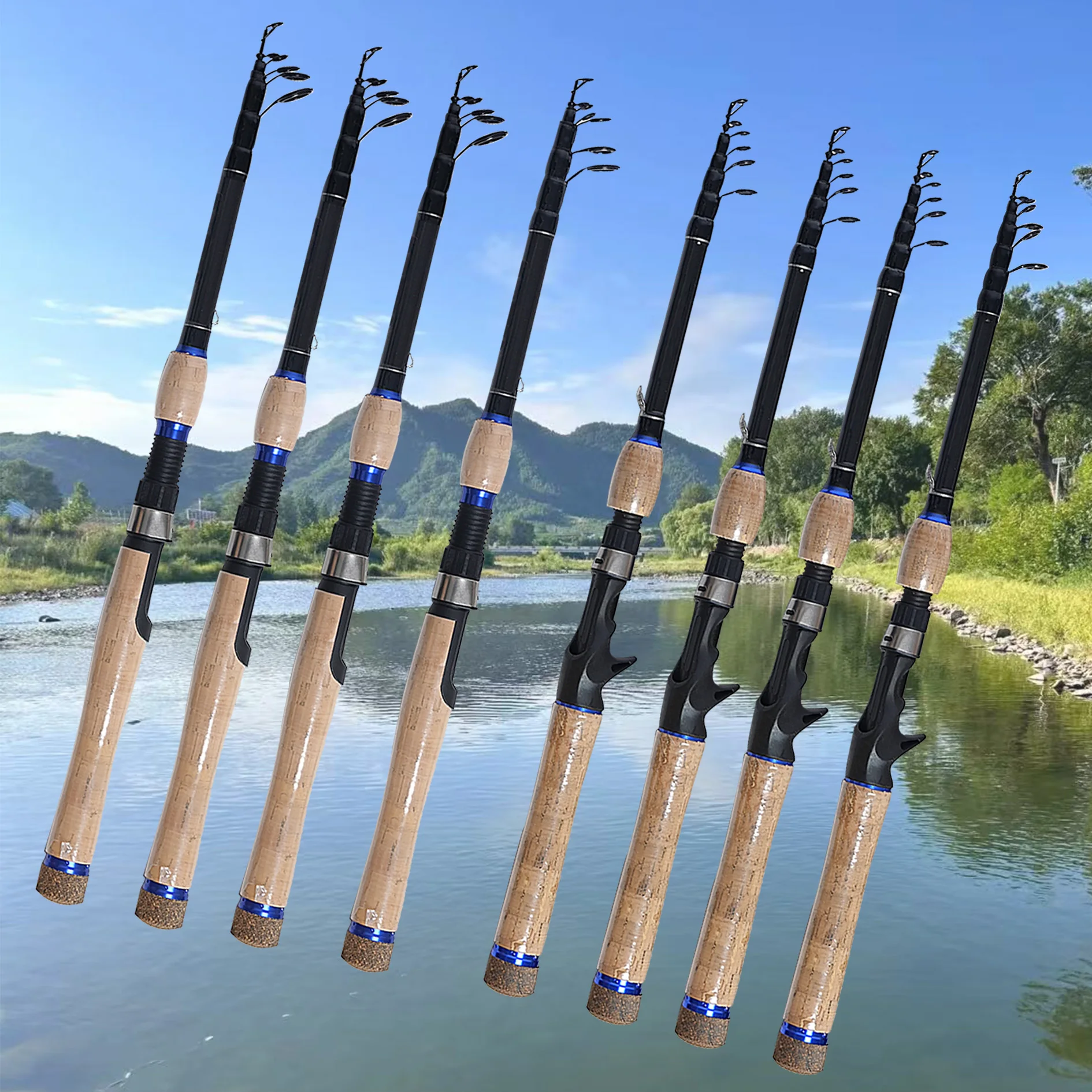 

Портативная телескопическая удочка для приманки, доступна в 1. 8м, 2. 1м, 2. 4м, и 2. Длина 7 м, с 6-секционным телескопическим дизайном, прямой ручкой, ручкой для пистолета, керамическими направляющими кольцами, пробковой ручкой, черным с синими металлич