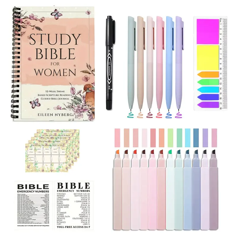 

Elegant Pink Study Bible Stationery Set, Vintage Floral Spiral Bible Journaling Notebook, 52-Week Theme, Weekly Scripture Study