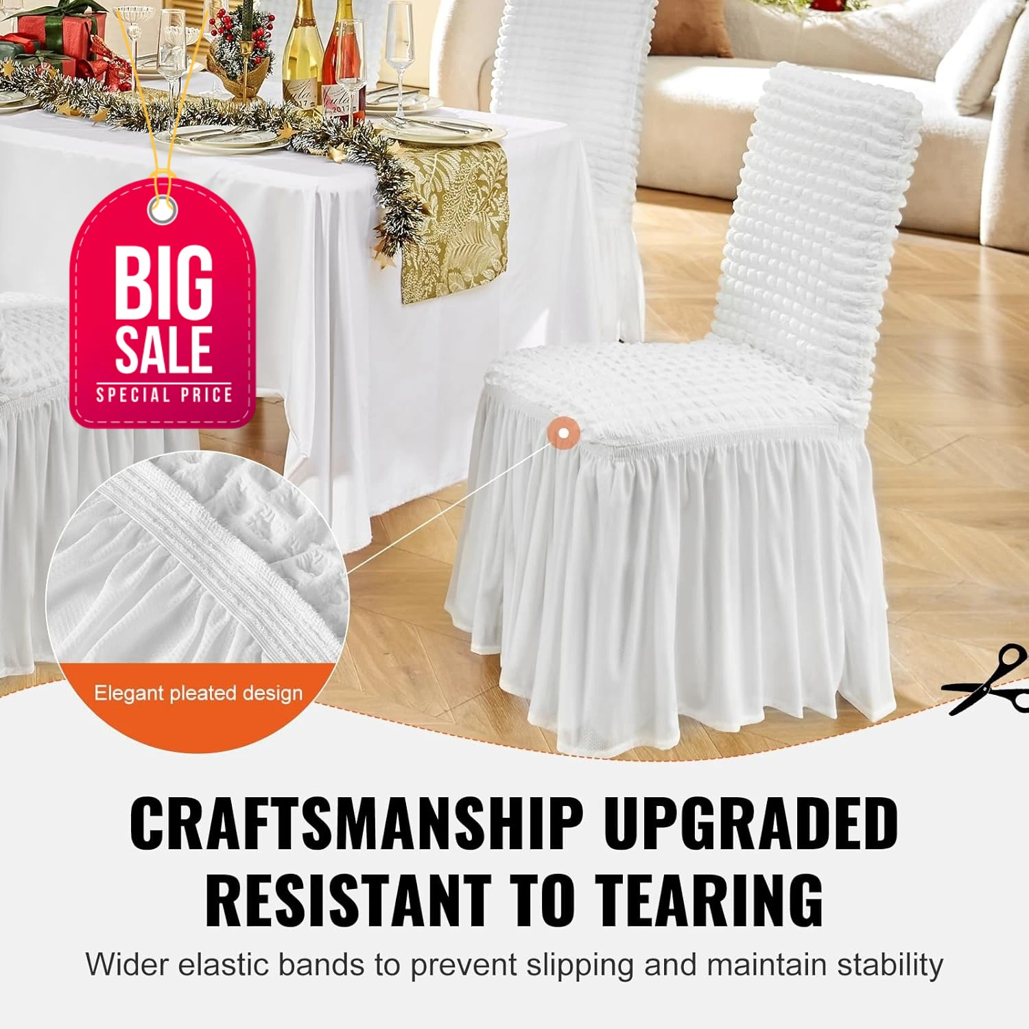 

4 PCS White Stretch Spandex Folding Chair Covers, Universal Fitted Chair Cover with Skirt, Removable Washable Protective