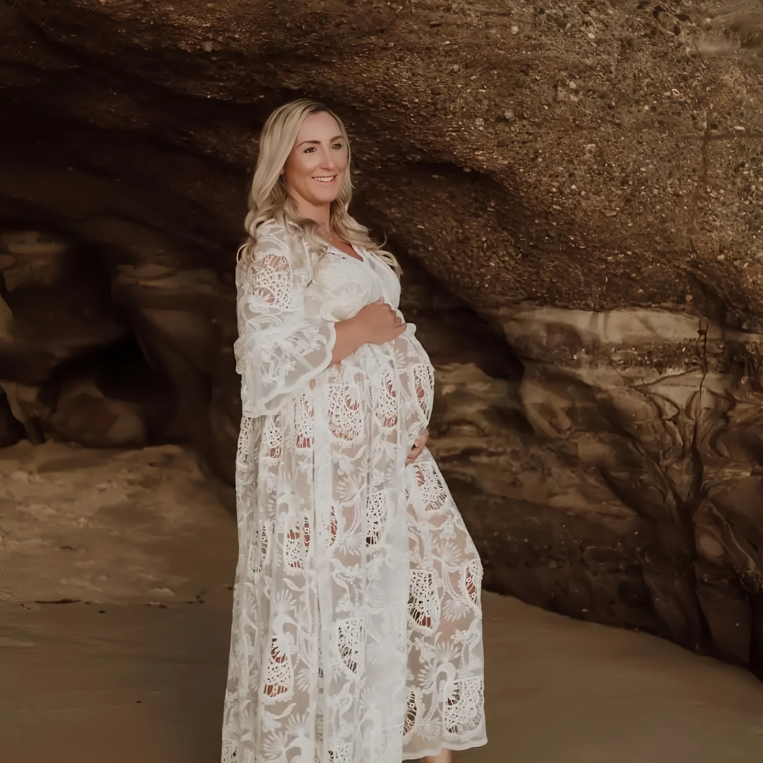 

Summer Hollow Out Lace Maternity Pregnant Woman Dress V-neck Photo Shoot Long Lace Dress