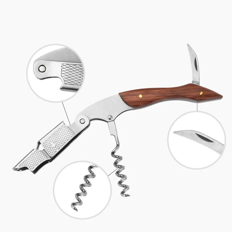 Stainless Steel Corkscrew Wine Key Beer Bottle Opener Foil Cutter Wood Handle Openers Waiters Wine Knife Corkscrews Sommelier