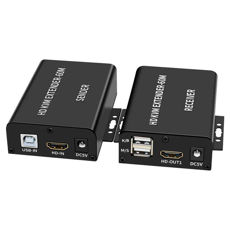 60M HDMI KVM Extender Over Cat6 Ethernet Cable Transmitter Receiver Kit Support USB Keyboard Mouse Single Side Power Supply