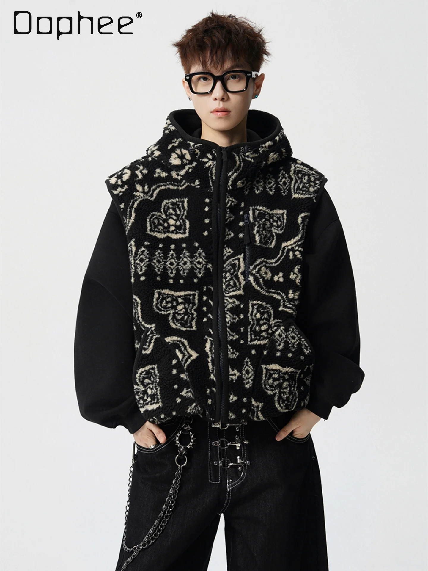 

2025 Autumn Winter New Hot Sale American Retro Men's Fleece-Lined Thickened Sleeveless Lamb Wool Vest Hooded Jacket