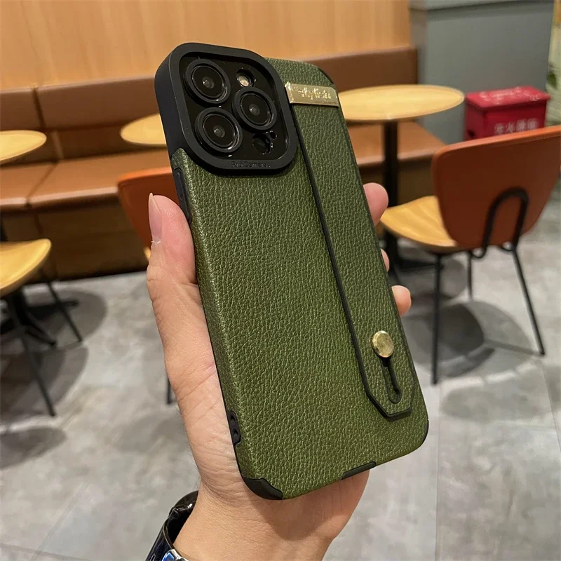 Luxuly Noble Black Leather Bracket Case For iPhone 14 13 12 Pro Max XR 8 7 Plus 11 X SE Anti-lost Wrist strap Lanyard Rope Cover image 3