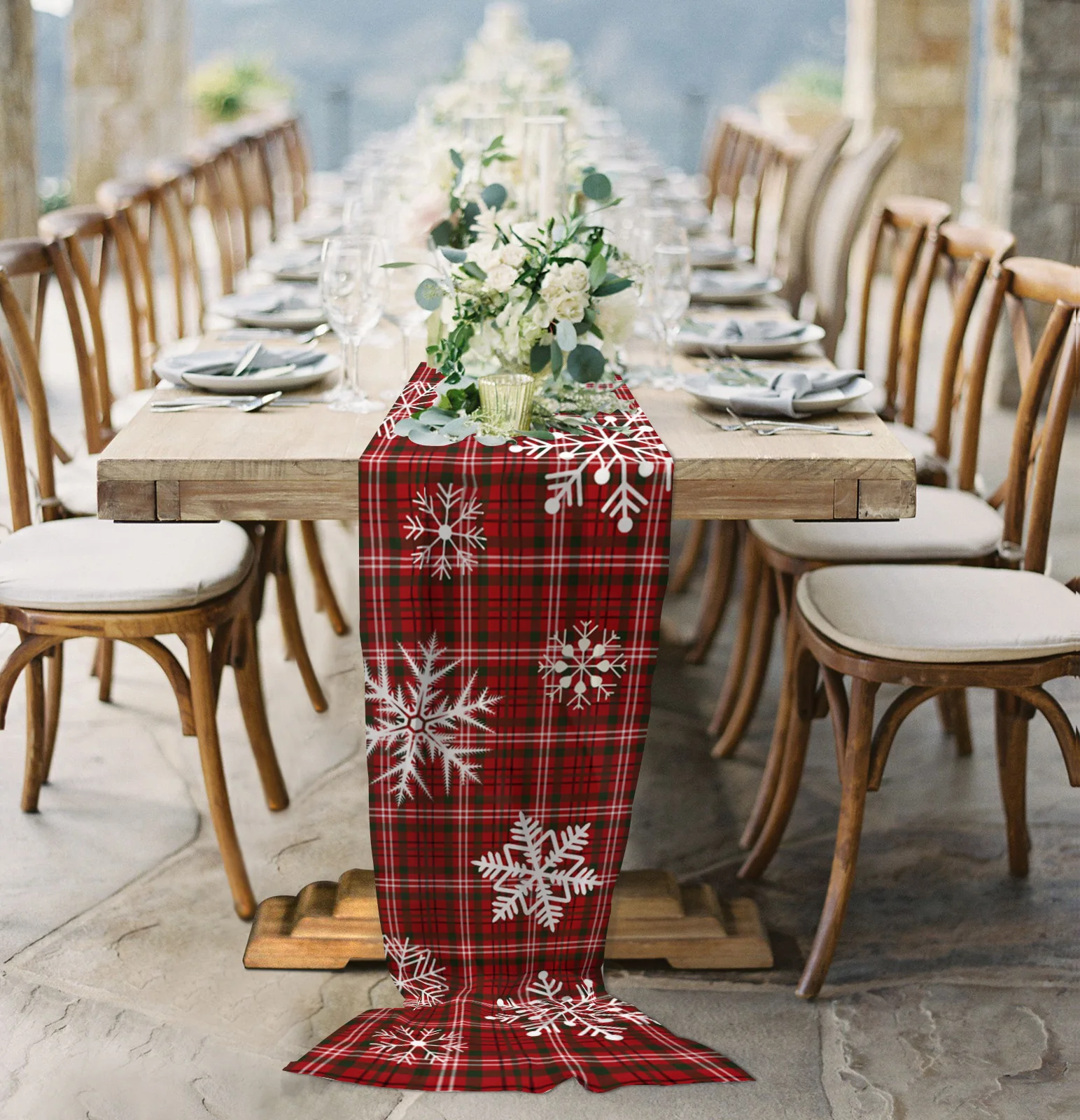 Christmas Winter Snowflakes Red Plaid Sheer Chiffon Table Runner Country Wedding Party Tulle Voile Table Cloth Home Decoration