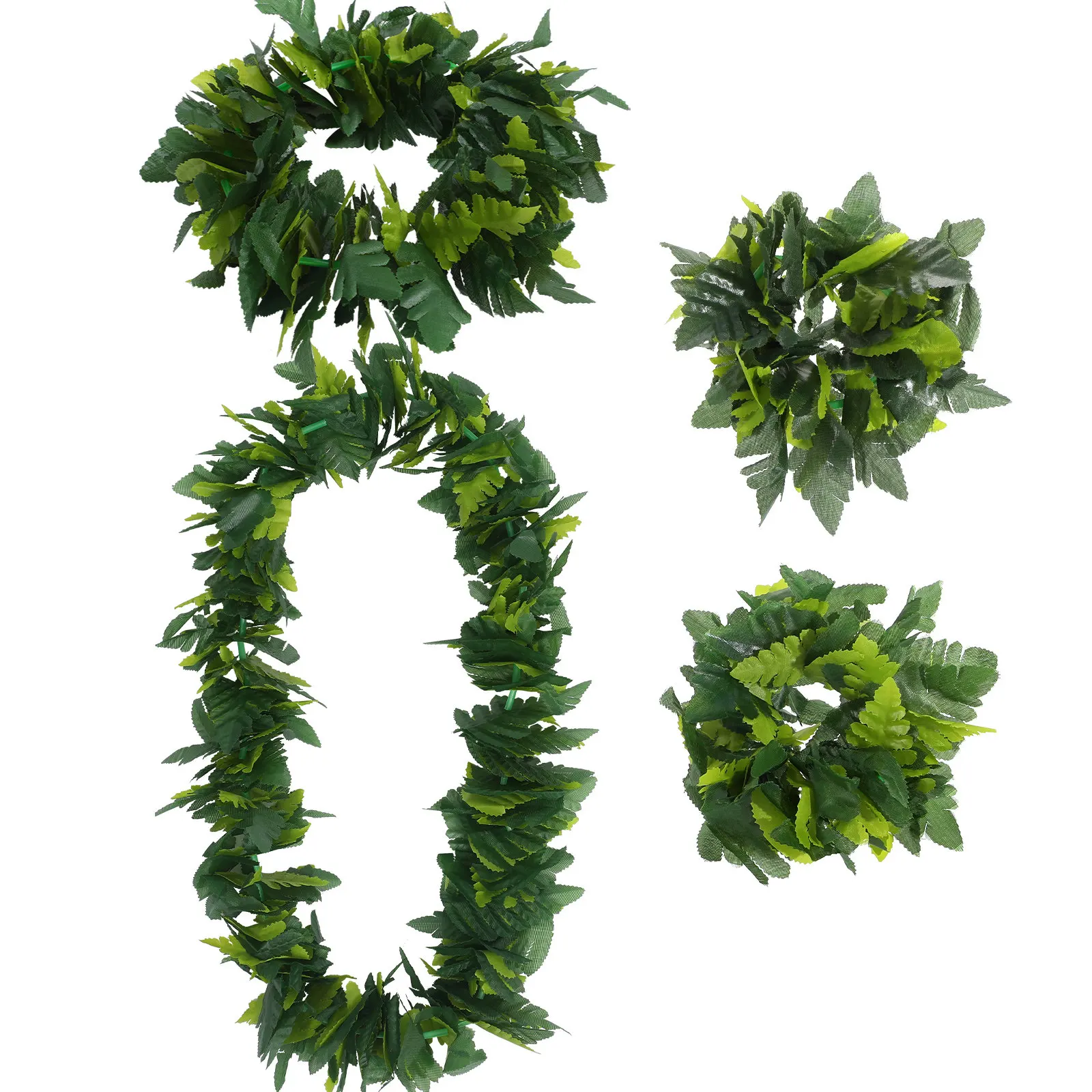 1Set Simulate Green Leaf Garland Hawaiian Party Costume Set Artificial Leaves Headband Necklace Bracelet Tropical Luau Beach