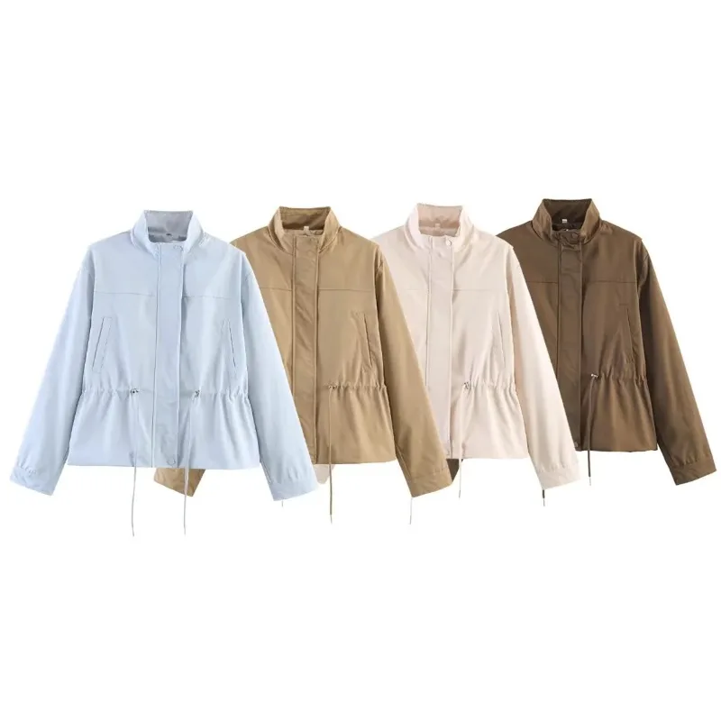 FL Womens Solid Color Drawstring Waist Stand Collar Jacket Coat Spring Autumn 2026 New Fashion Casual Chic Trendy Streetwear Top