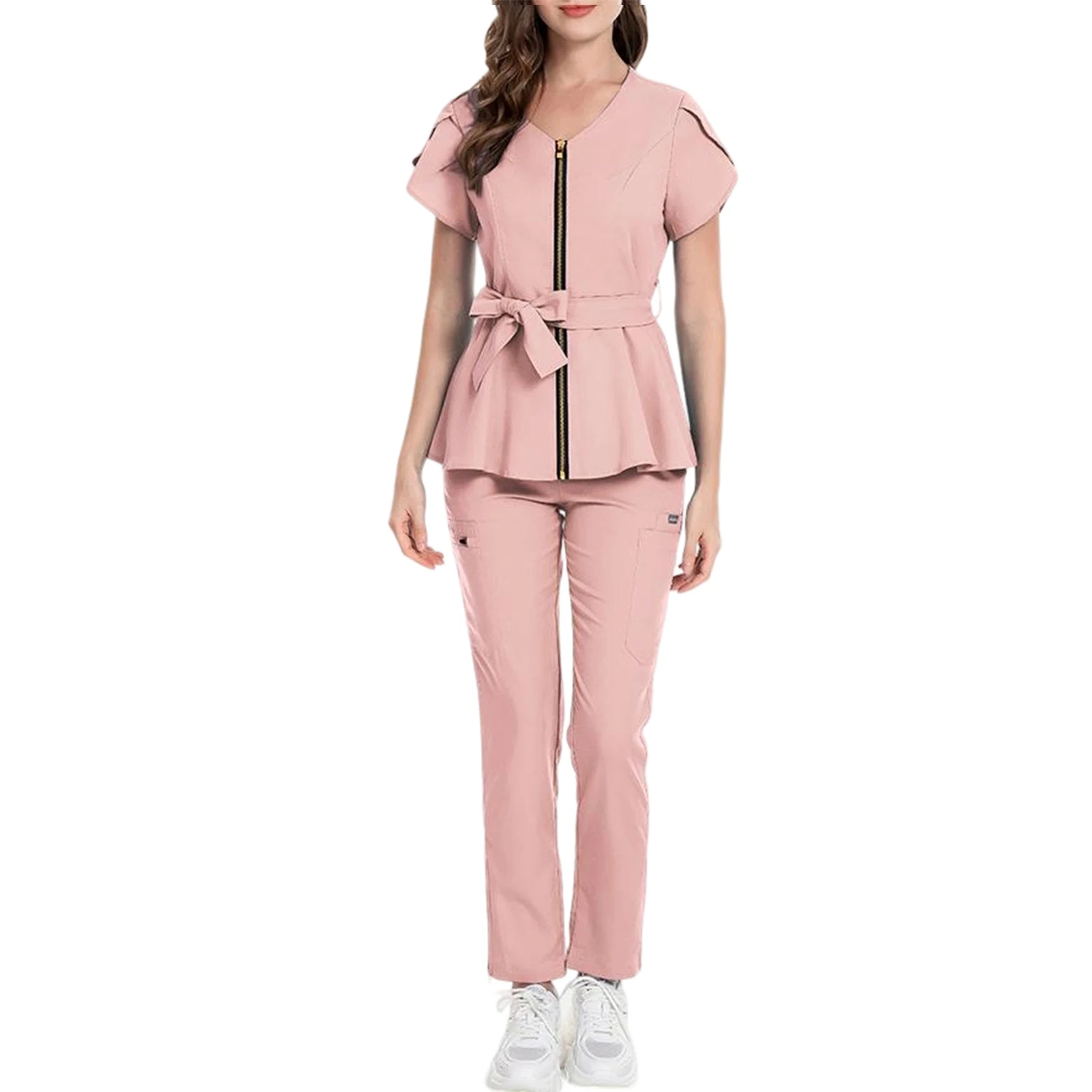 Women's Nurse Scrub Set V-Neck Short Sleeve Zipper Belted Multi-Color Long Pants Medical Uniform Healthcare Workwear