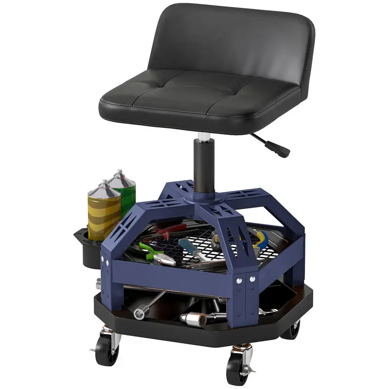 

Rolling Creeper Garage Stool, 300 LBS Capacity Mechanic Stool with 360° Wheels, Tool Tray, Adjustable Height, Blue
