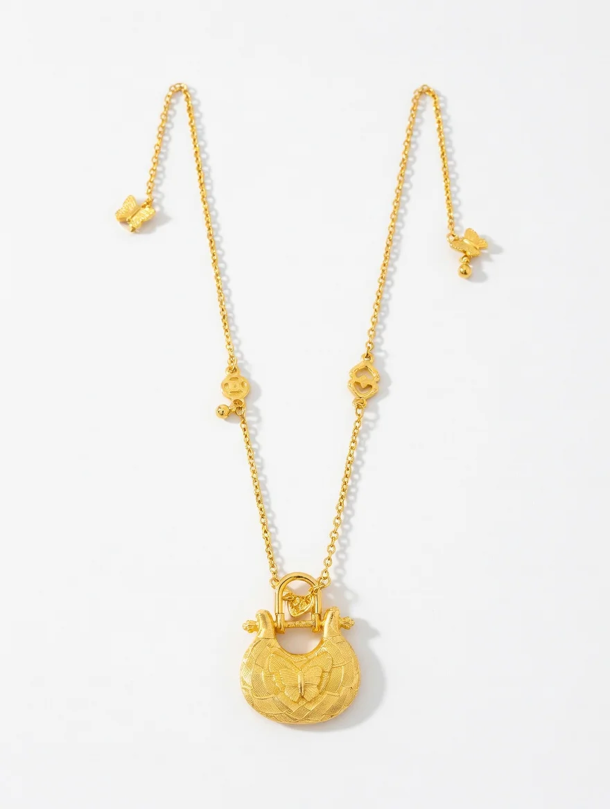 

Роскошное золотое матовое плетеное ожерелье с подвеской в виде бабочки и юаньбао для женщин, в древнекитайском стиле, длинная цепочка для свитера, легкое, размер L