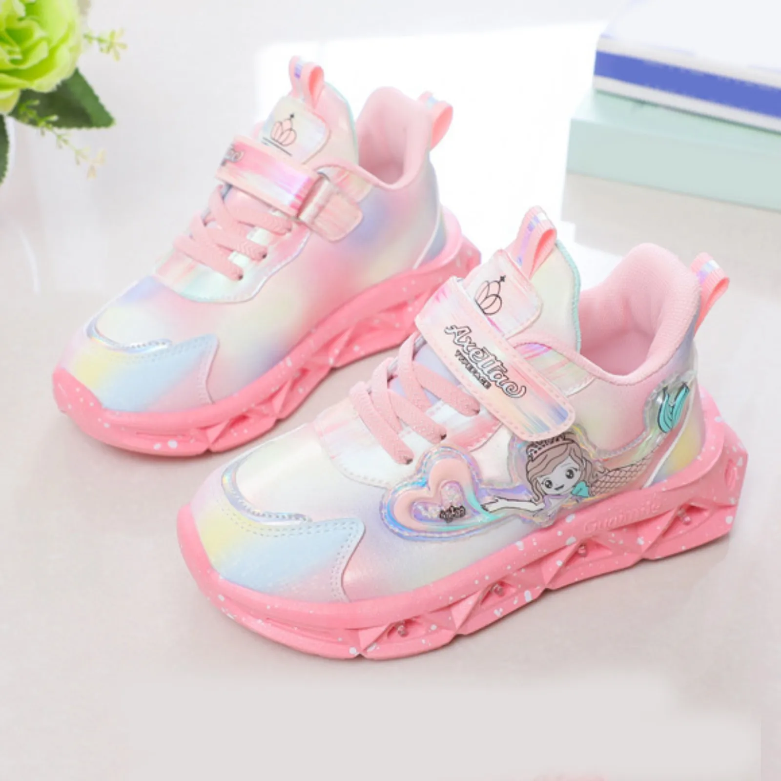 Led Casual Sneakers Roze Paars Voor Lente Meisjes Frozen Prinses Print Outdoor Schoenen Kinderen Verlichte Antislip Schoenen