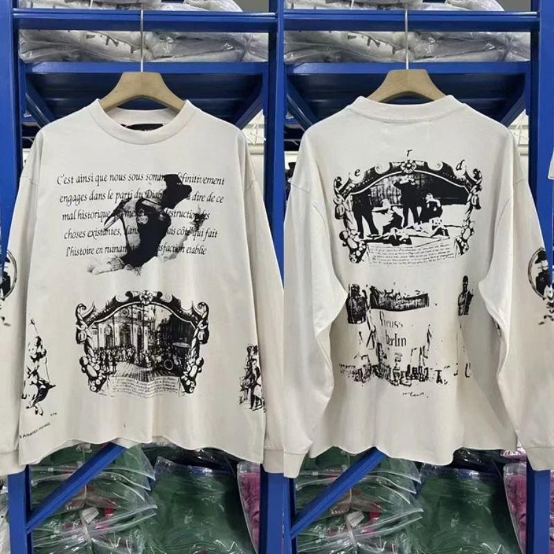 

2025erd футболка с длинными рукавами в стиле ретро с буквенным узором, хлопковые свободные потертые футболки для мужчин и женщин