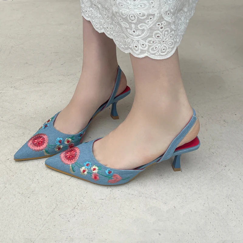 

Blue Denim High Heels Women Pointed Toe Slingback Shoes 2024 Embroideries Ladies Shoes Designer Low Heels Summer Office Pumps