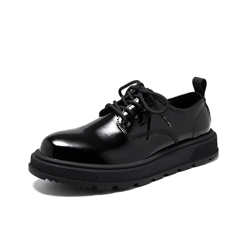 Black British Style Thick Bottom Round Toe Patent Leather Shoes Work Shoes Handmade Casual Formal Oxford Shoes Lace Up Men Shoes