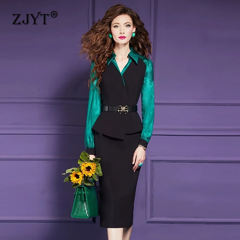 ZJYT otoño 2024 nuevo diseñador elegante Patchwork vestidos de tubo de oficina para mujeres camisa de manga larga cuello negro vestido de fiesta bata