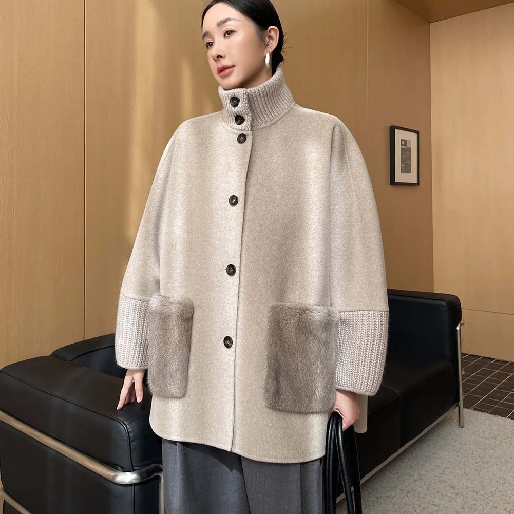 

Осенне-зимнее вязаное элегантное пальто из смесовой шерсти со воротником-стойкой, средней длины, с карманами из меха норки, женская верхняя одежда