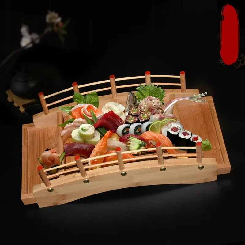 2020 Sashimi sushi platter sushi bridge sushi container japanese and korean tableware japanese cuisine wooden arched bridge