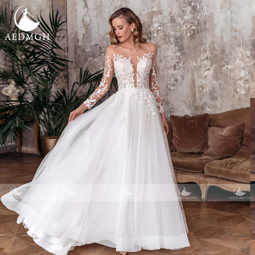 Aedmgh A-Line Elegant Wedding Dresses 2024 O-Neck Long Sleeve Vestido De Novia Lace Beaded Appliques Sweep Train Robe De Mariee