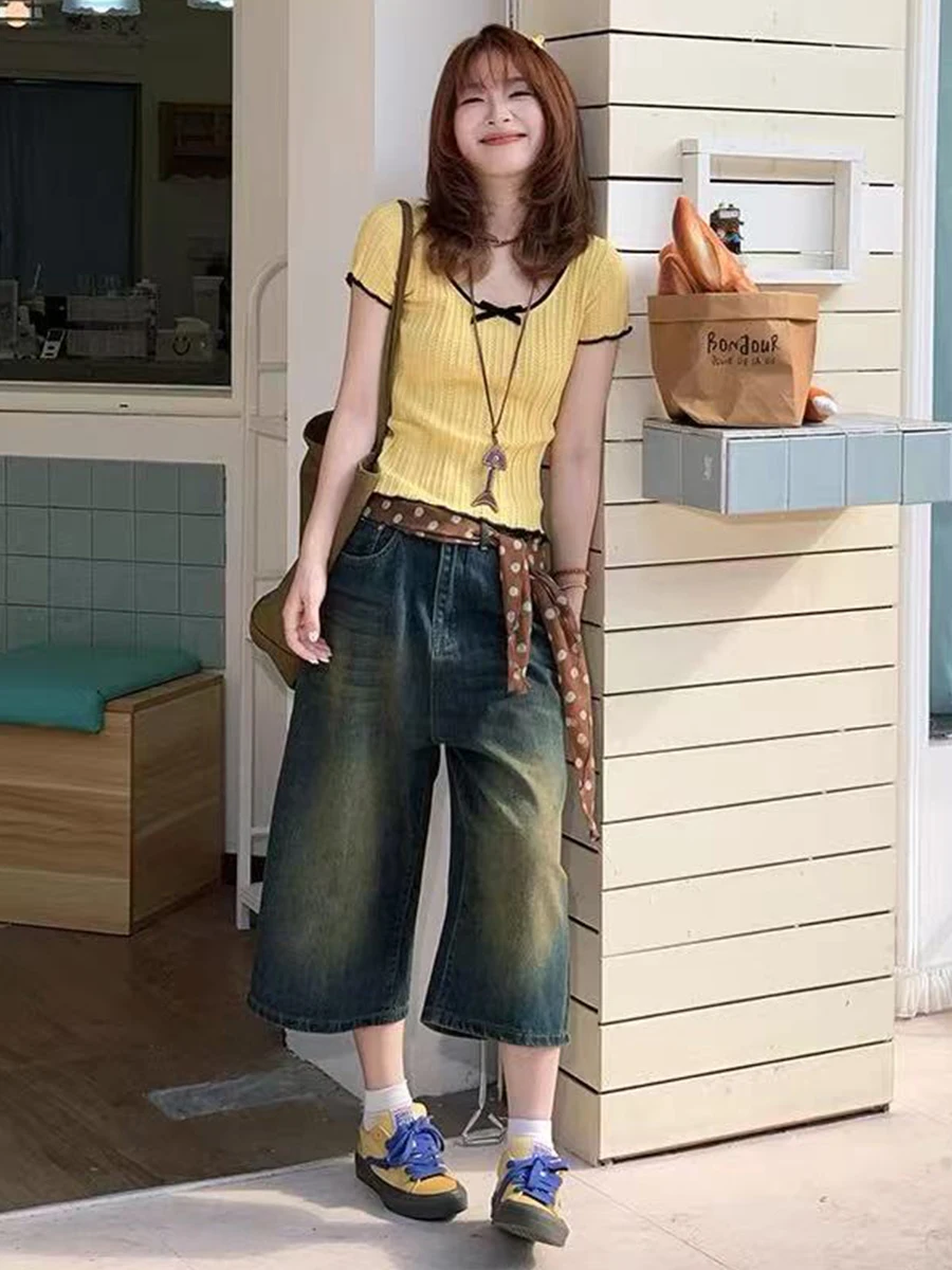 

High Waist plus Size Seven Inch Denim Shorts Women's Summer American Style Loose Straight Leg Wide Leg Pants