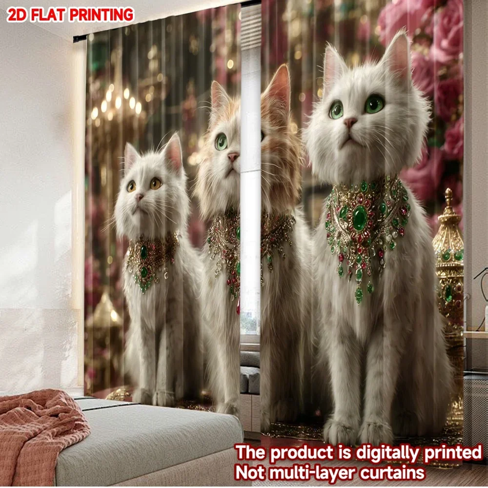 2pcs Royal Cat Curtains  White Cats with Gemstone Collars on Gold Pink Floral Background for Luxurious Living Room Decor