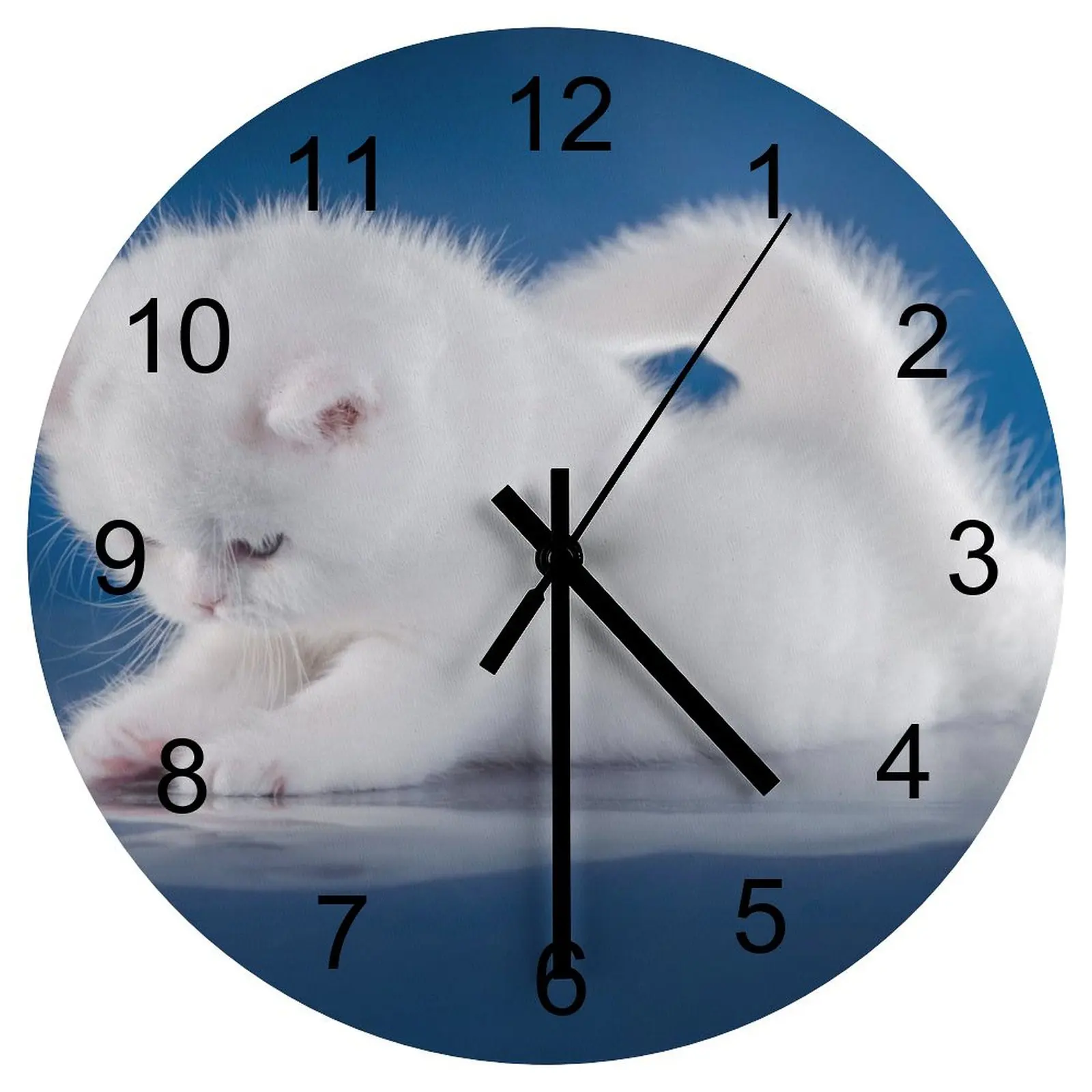 

Bedroom Wall Clock Pure white cute kitten Clocks 12 inch Silent Wood Round 3D Display Wall Mounted Fantasy