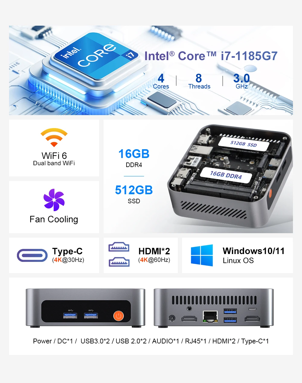 Ninkear M7 Mini PC (Intel Core i7-1185G7, 16GB RAM, 512GB SSD) — Supports triple-display output, 4K, Wi-Fi 6, Bluetooth 5.2, dual HDMI, and Type-C ports; pre-installed with Windows 11 Pro (Business Desktop PC)