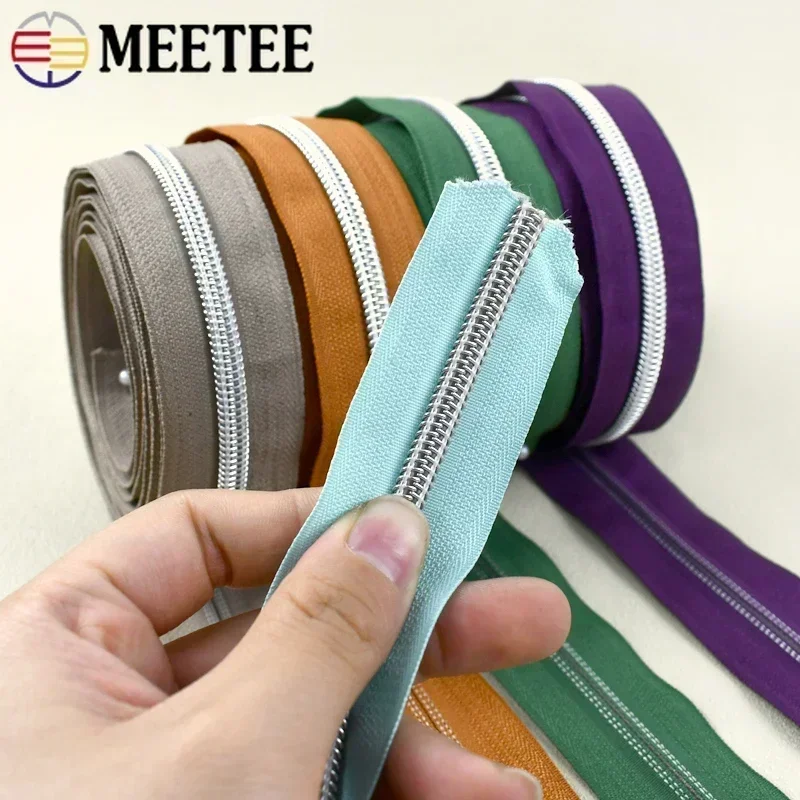 1-5M 5# Meetee Zipper By Meters Sewing Nylon Zippers Roll Bags Silver Teeth Coil Zips Tape Garment Replacement Zip Repair Kits