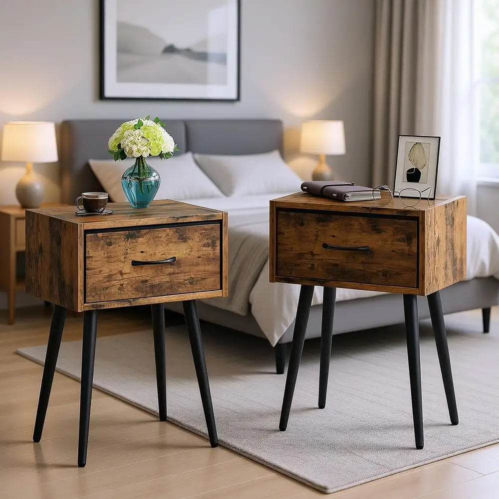 

Pair of Nightstands, Fabric Bede Table, Industrial Metal Leg End Table, Suitable for Couch Side or Bedroom, Living Room, Rustic