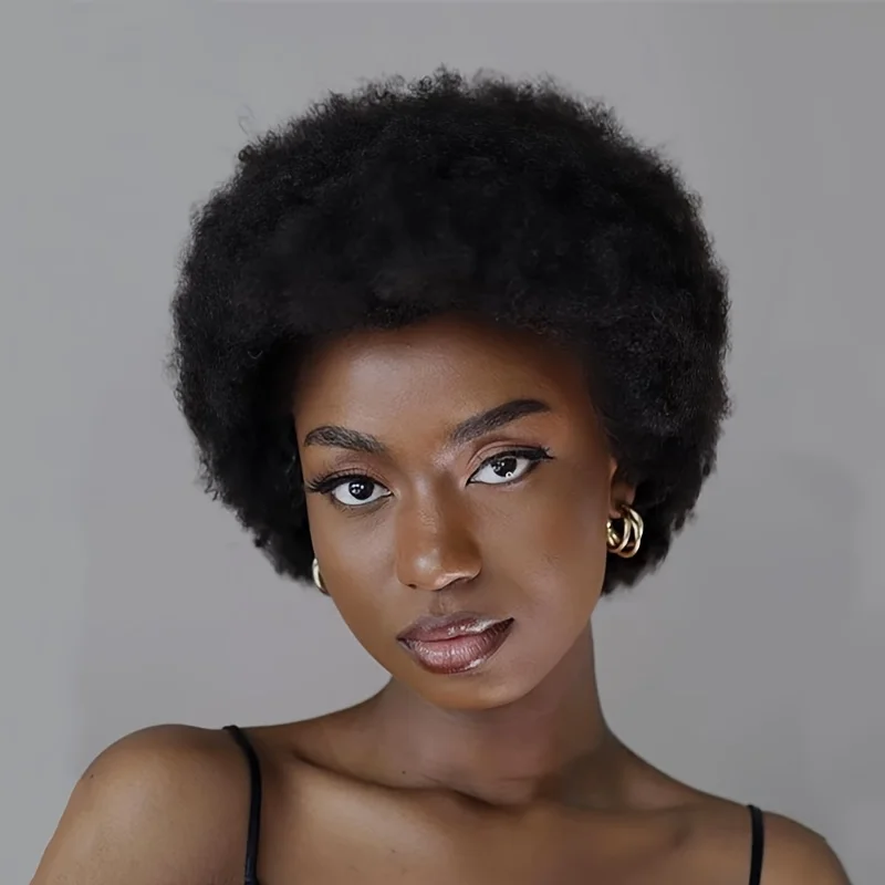 

6inch brown/black color pixie short afro curly human hair wig 150% density wig machine made remy wig for women