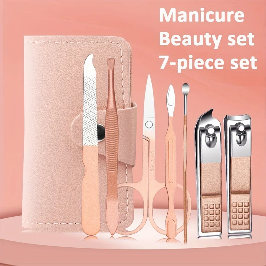 Ouriner 7 Pieces Stainless Steel Professional Colorful Nail Clippers Manicure Set with Leather Bag Nail Care Tools Grooming Kit