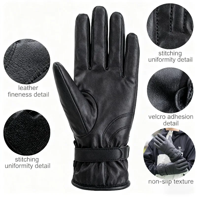 Black Leather Gloves for Men Warm Winter Snow Gloves with Adjustable Strap Waterproof Windproof Outdoor Gloves for driving