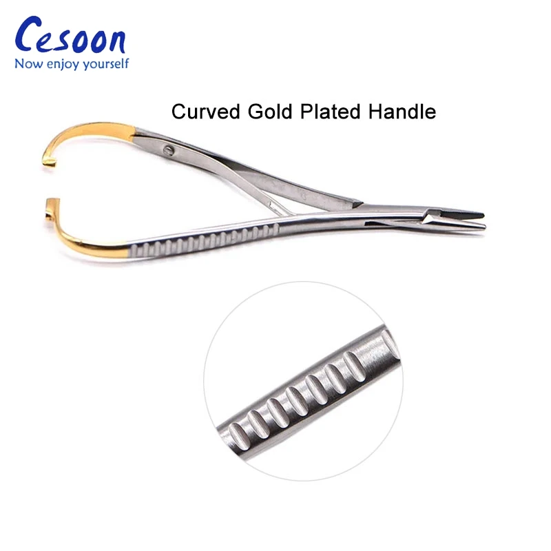 14cm Dental Needle Holder Tweezers Gold Plated Handle Stainless Steel Orthodontic Plier Straight Head Dental Surgical Instrument