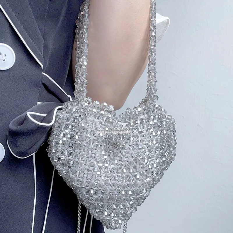 

Trendy Silver Heart Crossbody Bag Acrylic Woven Design Evening Clutch Bag Women Bag Shiny Handbag Shoulder Crossbody Bag