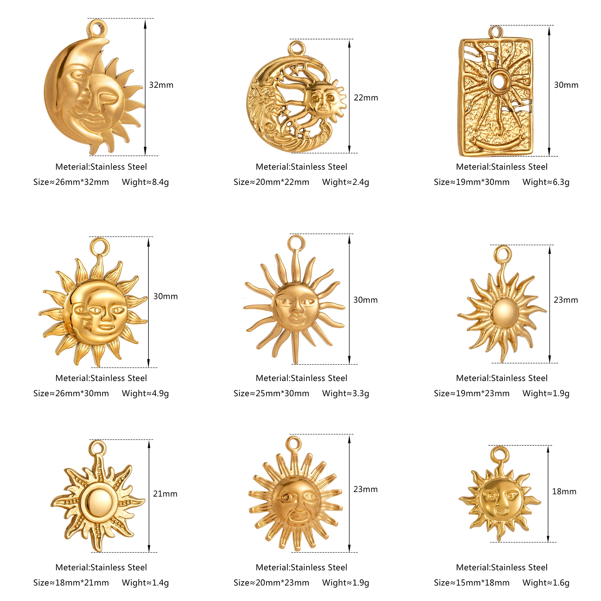 3 ciondoli Sun Moon in fusione di acciaio inossidabile, pendenti Sunburst usati per donne che realizzano orecchini, collane, bracciali, accessori