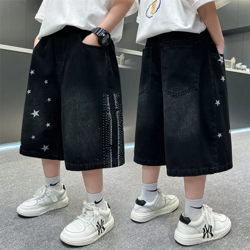 

Kids Vintage Black Denim Shorts For Boys Casual Summer Shorts Teenager Children Retro Straight Knee-Length Printing Jeans Pants