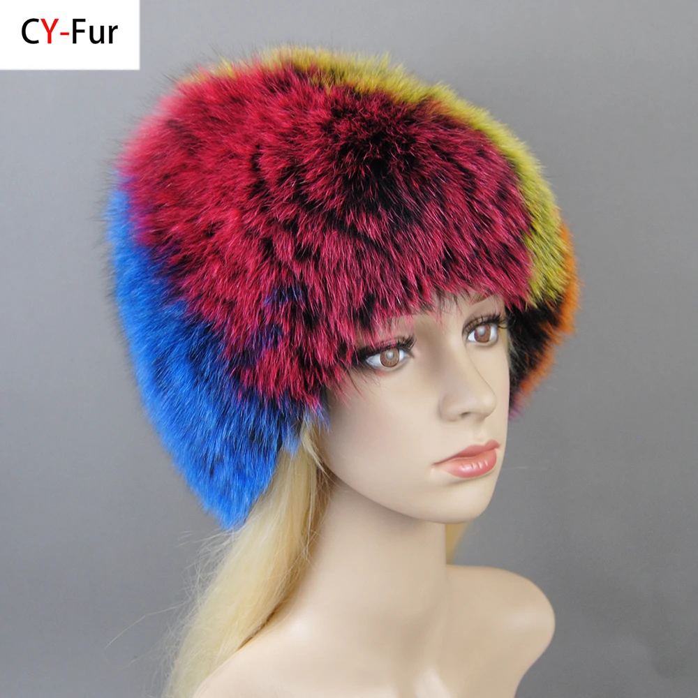 

Real Fox Fur Pompom Bomber Winter Hats Russian Female Ski Mask Natural Raccoon Fur Hat Knitted Skullies Beanies Fall Women's Cap